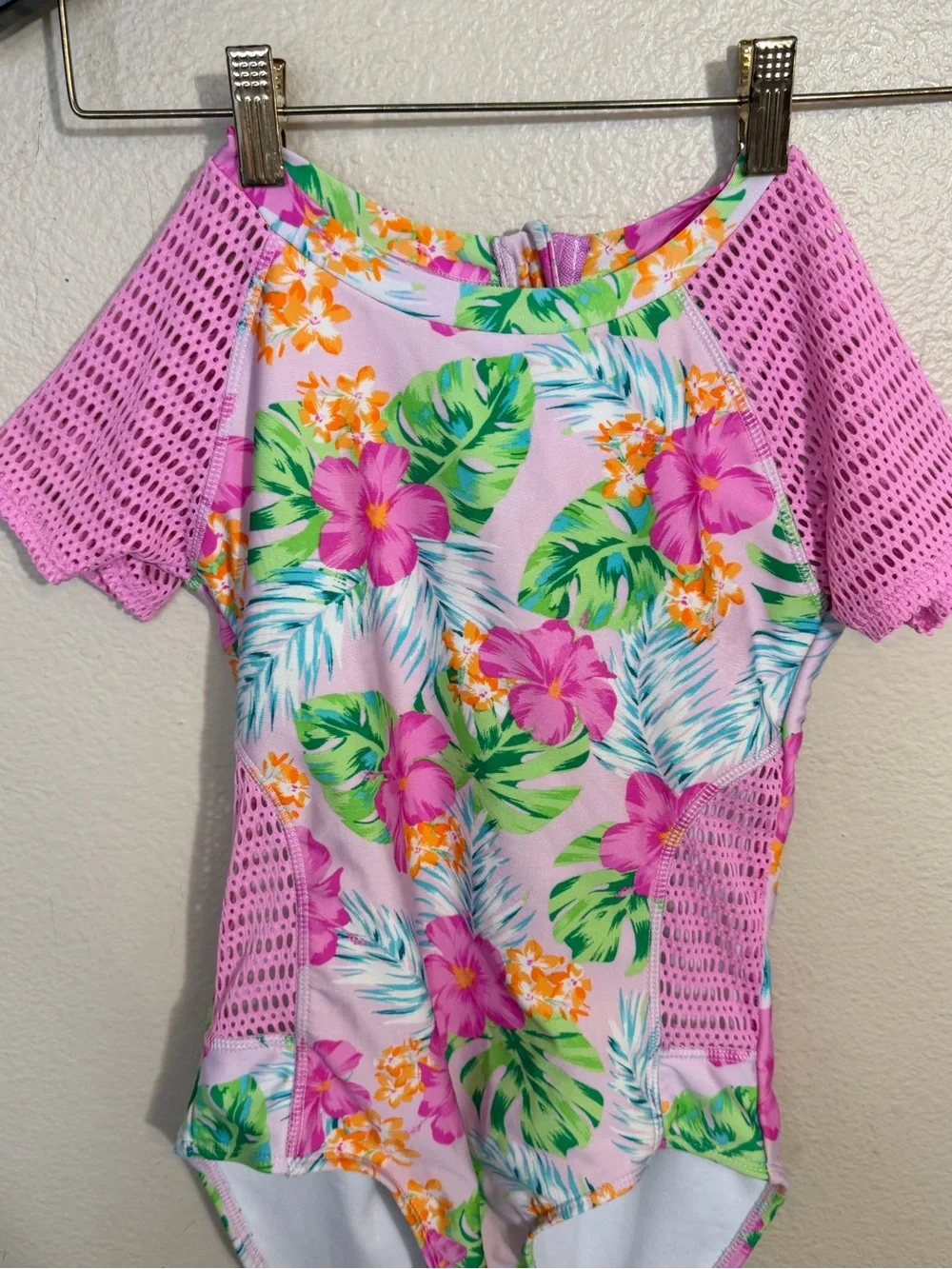 art class Pink Floral Girls One-Piece Swimsuit with Orange Flowers